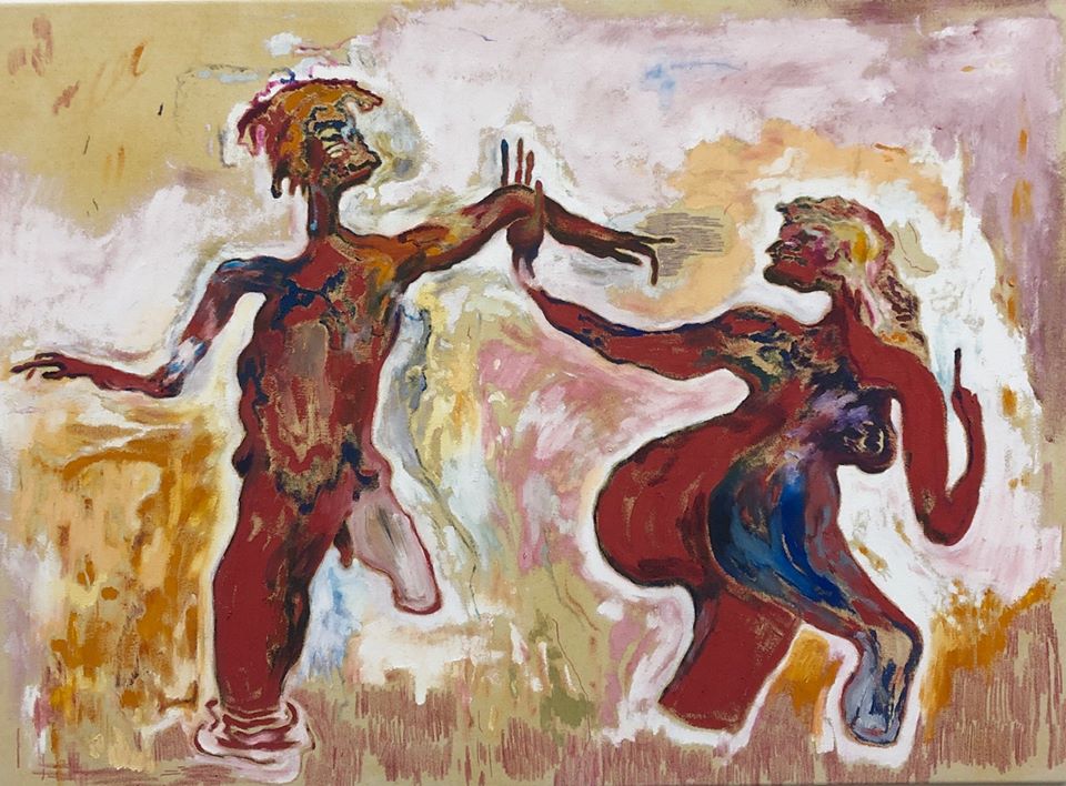 Pierre Knop, Beat Figure 5 (2019; inchiostro, matita, acrilico e olio su tela, 80 x 110 cm)