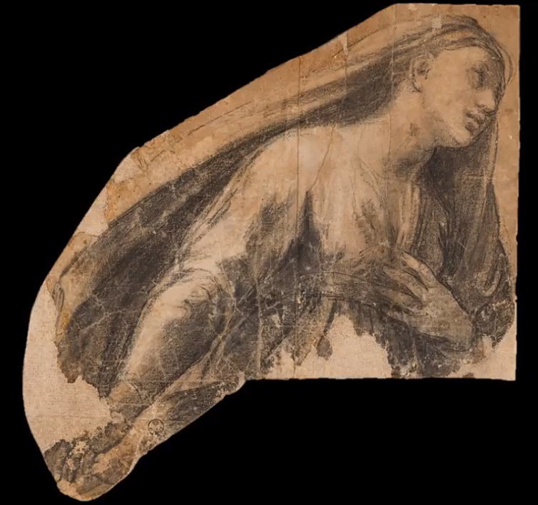 Raffaello, Busto di giovane donna velata con la mano sul petto (cartone per la Vergine della “Deesis con i santi Paolo e Caterina d’Alessandria”) (1519-1520 circa; carboncino, biacca, stilo su carta tinteggiata con colore grigio-beige, 266 × 264 mm; Firenze, Galleria degli Uffizi, Gabinetto dei Disegni e delle Stampe, inv. 14730 F)
