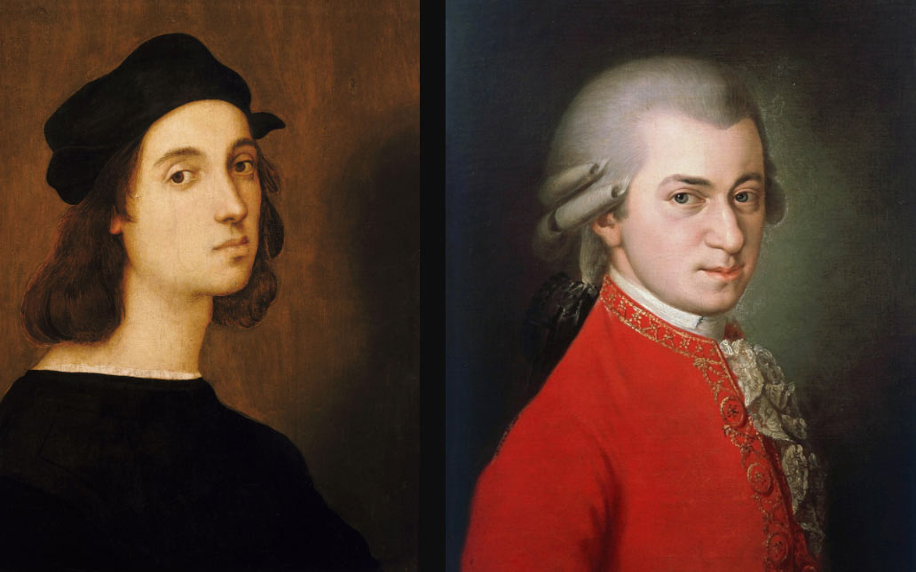 A sinistra: Raffaello Sanzio, Autoritratto (1504-1506 circa). A destra: Barbara Krafft, Ritratto postumo di Wolfgang Amadeus Mozart (1819)
