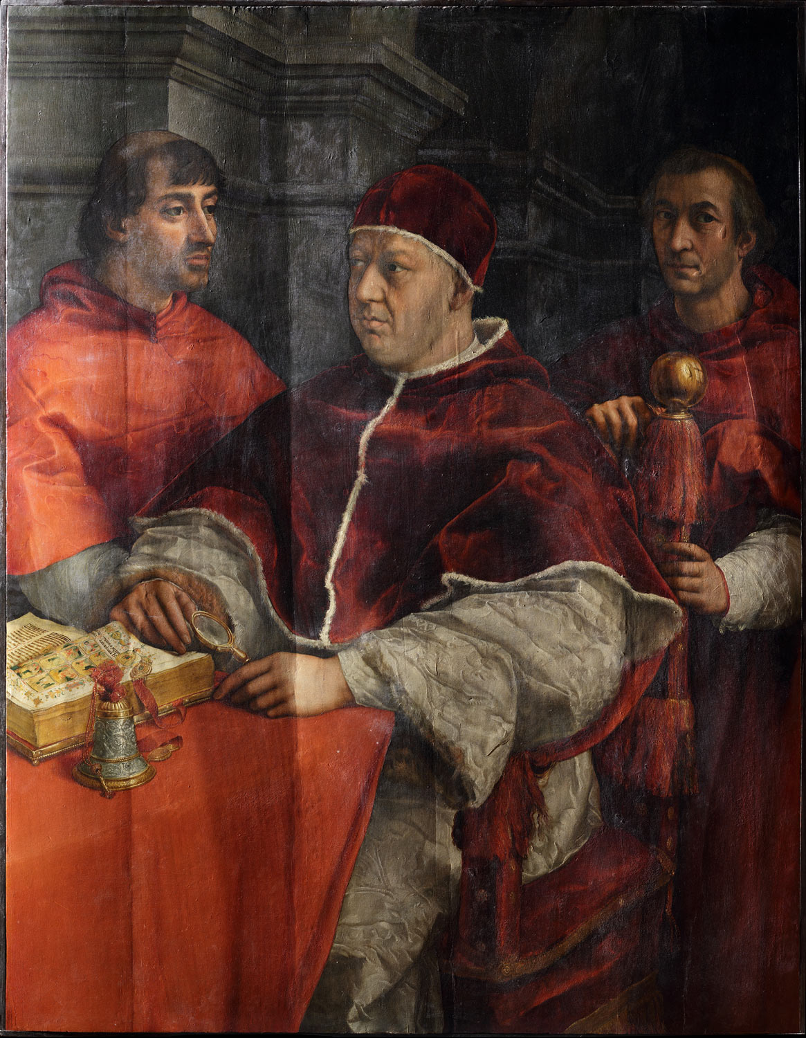 Raffaello Sanzio, Ritratto di Papa Leone X de’ Medici con i cardinali Giulio de’Medici e Luigi de’ Rossi, fotografia a luce radente
