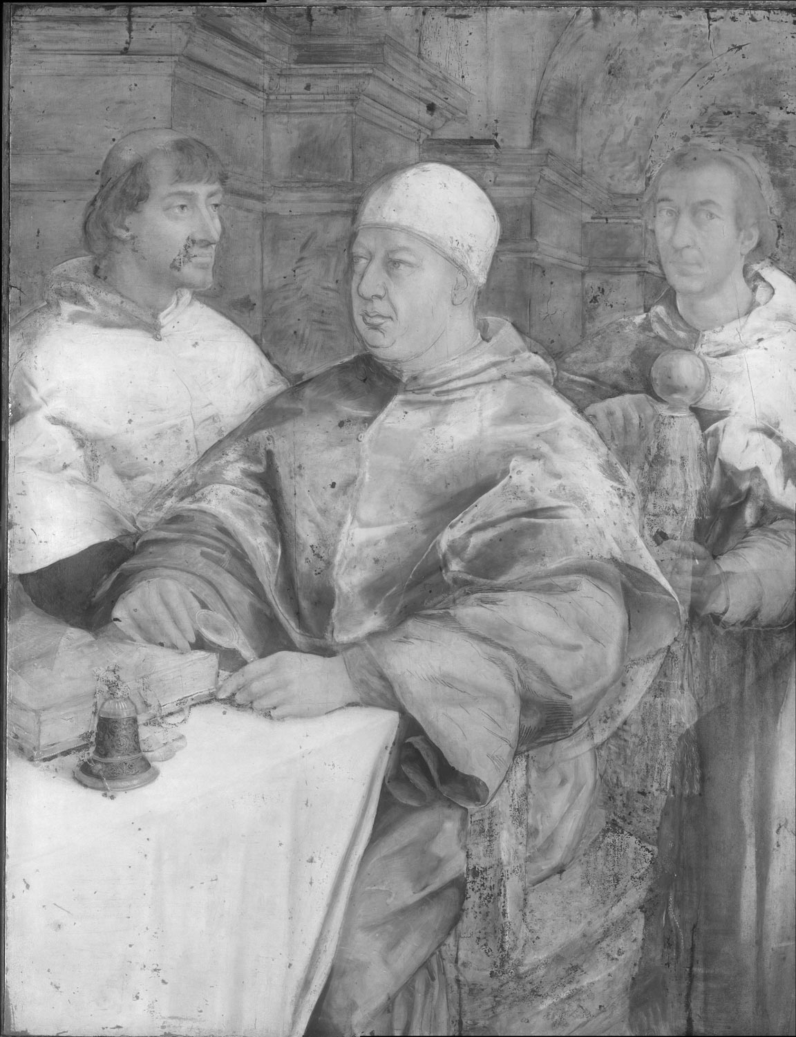 Raffaello Sanzio, Ritratto di Papa Leone X de’ Medici con i cardinali Giulio de’Medici e Luigi de’ Rossi, riflettografia a raggi infrarossi

