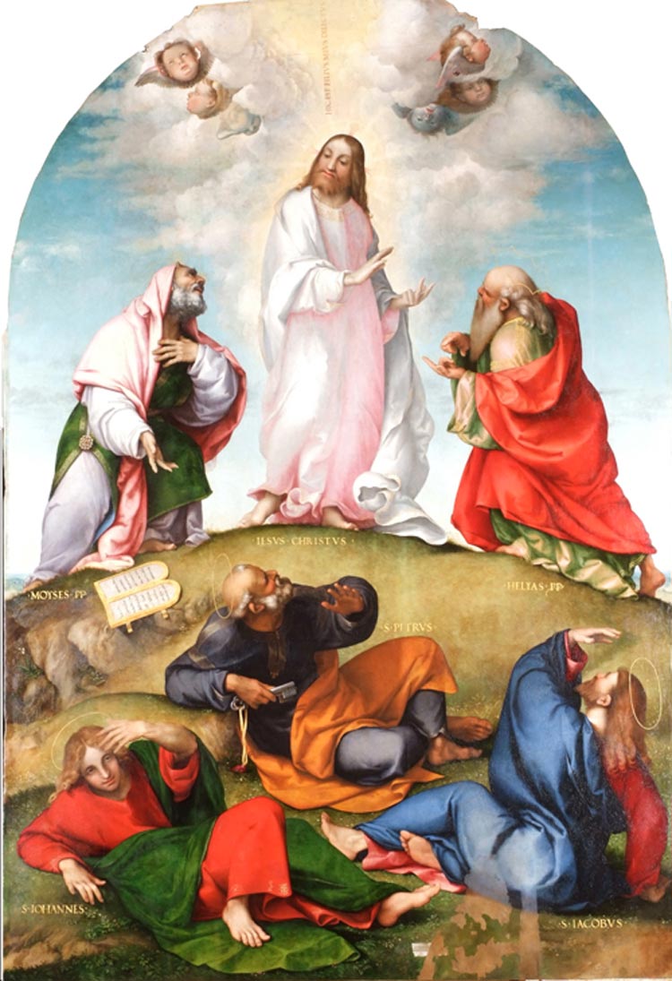 Lorenzo Lotto, Trasfigurazione di Cristo (1511 circa; olio su tavola, 300 x 203 cm; Recanati, Villa Colloredo Mels)
