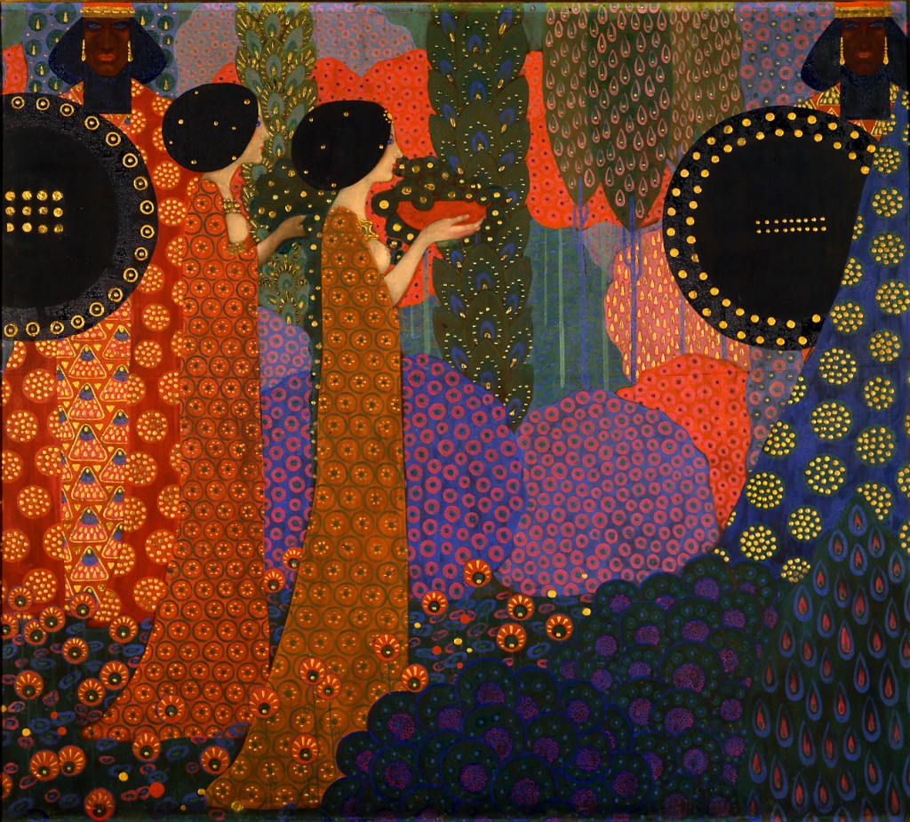 Vittorio Zecchin, Le principesse e i guerrieri, dal ciclo Le Mille e una notte (1914; olio e stucco dorato su tela, 170 x 188 cm; Venezia, Galleria Internazionale d'Arte Moderna di Ca' Pesaro
