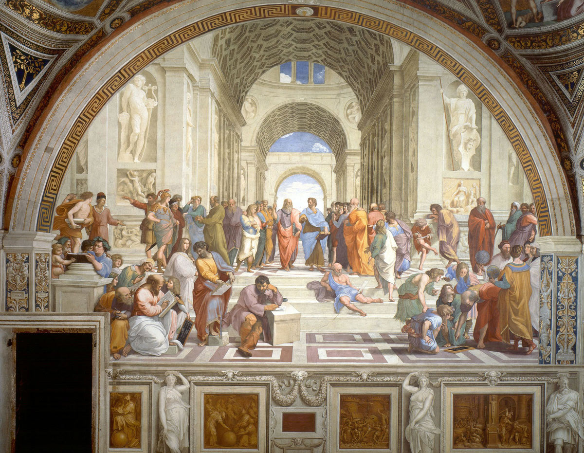 Raffaello, Scuola di Atene, affresco nella Stanza della Segnatura in Vaticano (1508)

