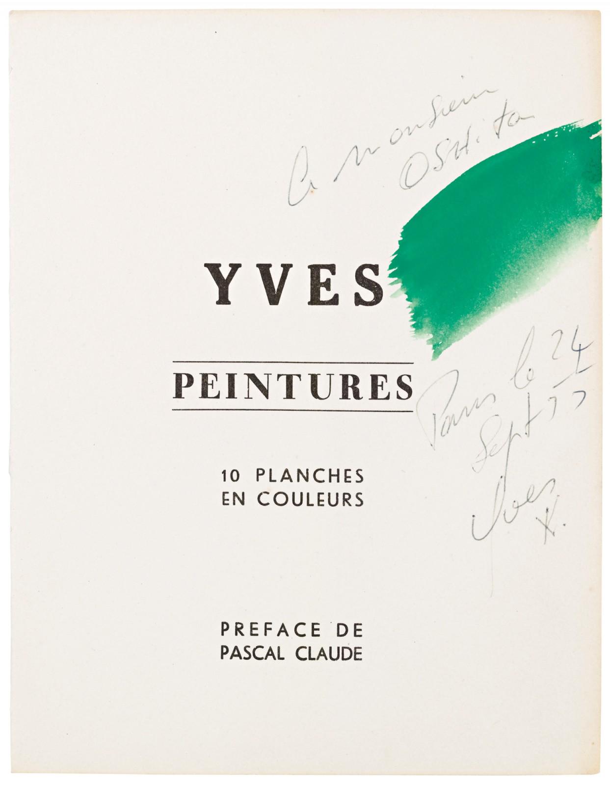 Yves Klein, Yves Peintures, catalogo di tavole su carta, esemplare dedicato a Monsieur Oshita (Parigi, 24 settembre 1955; carta, 245 x 190 mm; © Succession Yves Klein c/o ADAGP, Paris)
