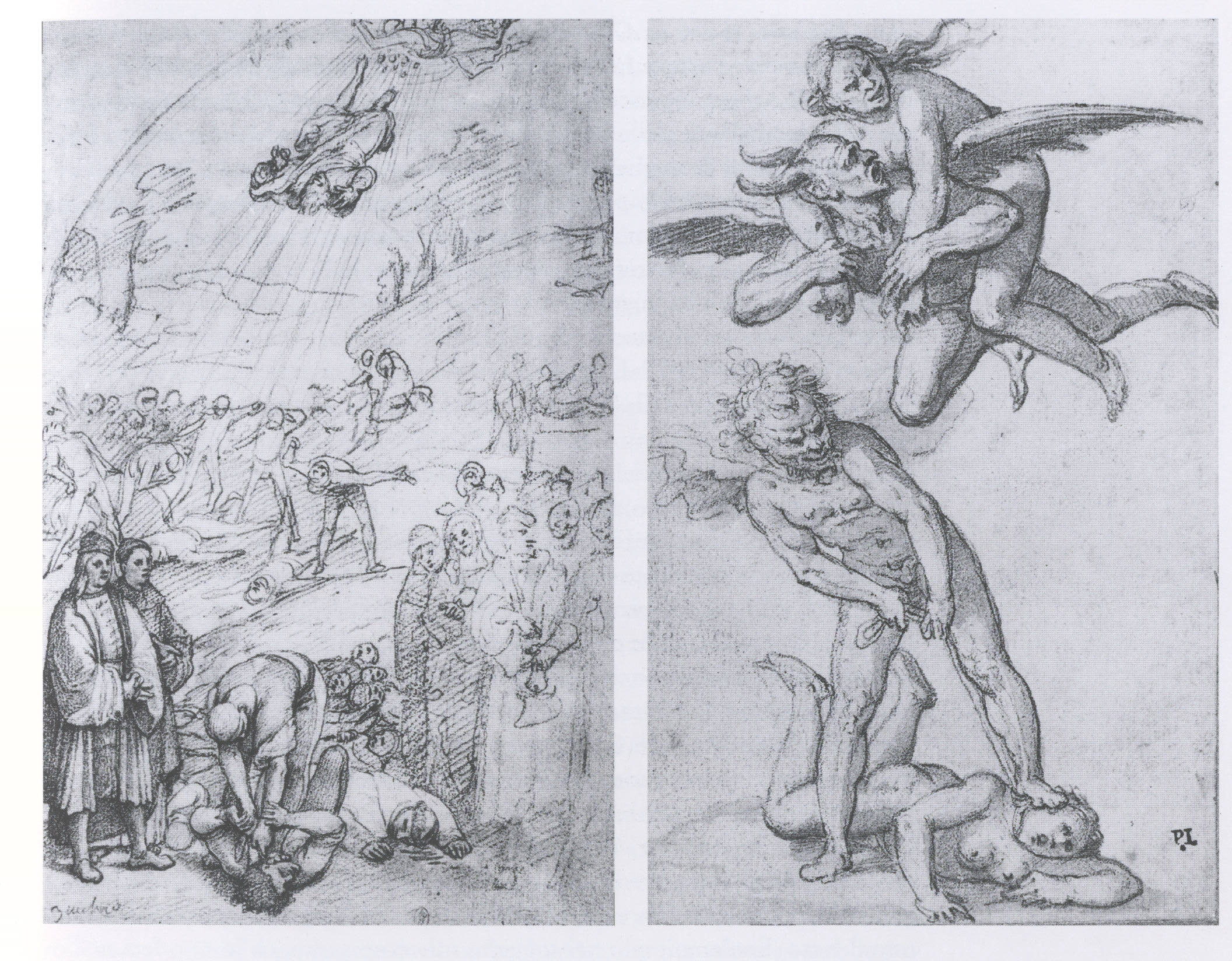 A sinistra: Federico Zuccari da Luca Signorelli, I fatti dellÂ’Anticristo (disegno; Parigi, MusÃ©e du Louvre); a destra: Federico Zuccari da Luca Signorelli, I Dannati (disegno; Oxford, Christ Church) Da Federico Zuccari. Le idee, gli scritti, a cura di B. Cleri, 1997 
