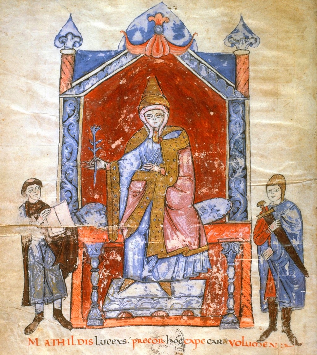 Miniatore del XII secolo, Matilde di Canossa in trono, dalla Vita Mathildis di Donizone di Canossa (1111-1116; miniatura; CittÃ  del Vaticano, Biblioteca Vaticana, Cod. Vat. Lat. 4922, fol. 7v)
