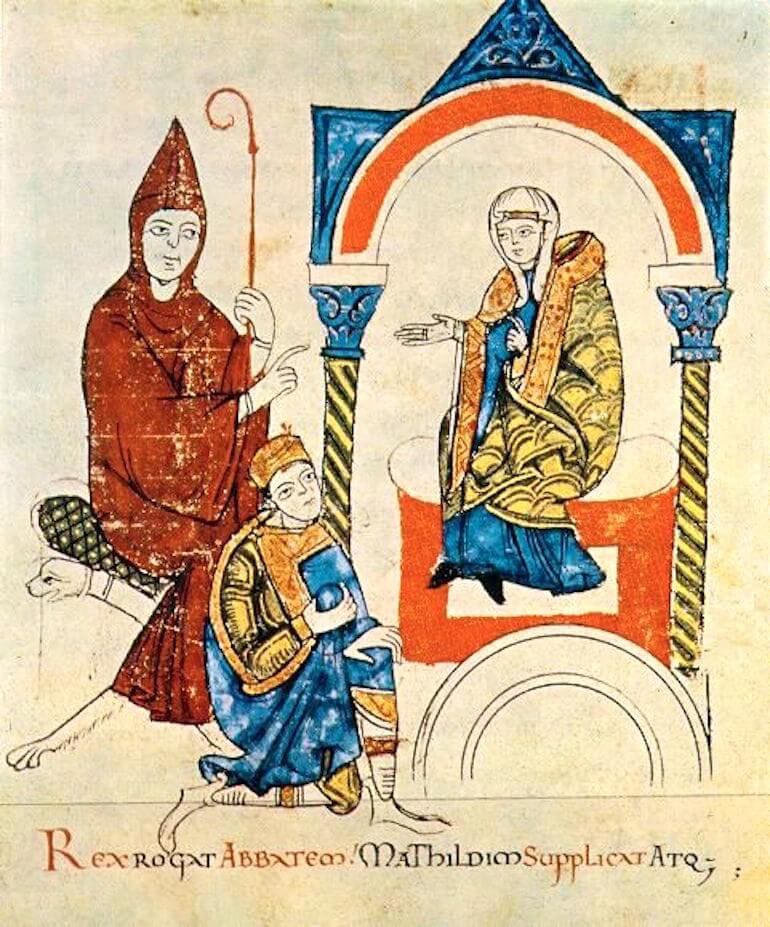 Miniatore del XII secolo, Ugo di Cluny, Enrico IV e Matilde di Canossa, dalla Vita Mathildis di Donizone di Canossa (1111-1116; miniatura; CittÃ  del Vaticano, Biblioteca Vaticana, Cod. Vat. Lat. 4922, fol. 49r)
