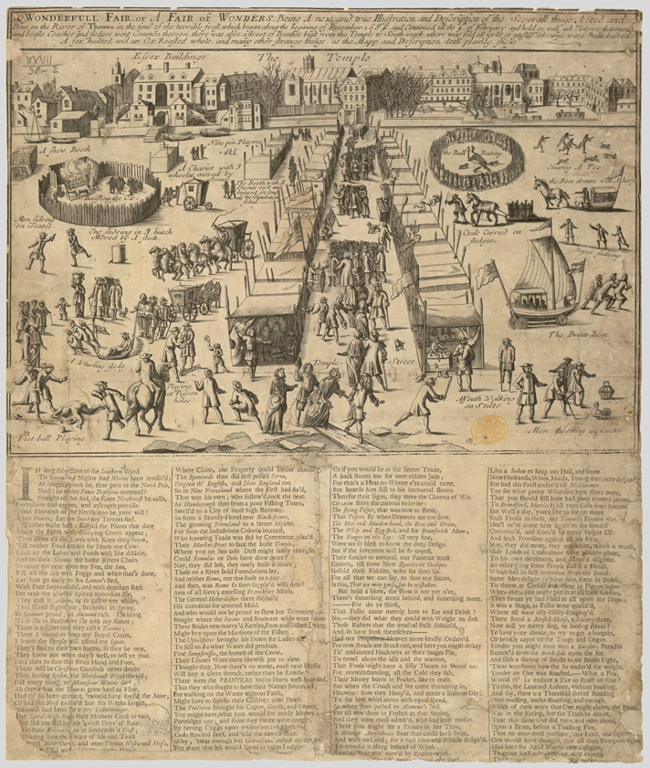 Illustratore ignoto, A wonderful Fair or a Fair of Wonders. A new and true illustration of and Description of the Several things Acted and Done on the River of Thames, in the time of the terrible frost (pubblicata nel 1684; incisione; Londra, The British Library)

