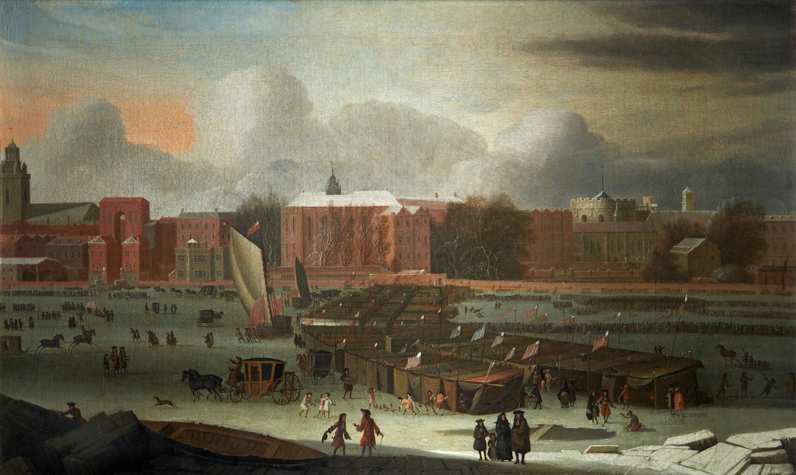 Abraham Hondius, Frost Fair sul Tamigi (1684; olio su tela, 66,9 x 111,9 cm; Londra, Museum of London)
