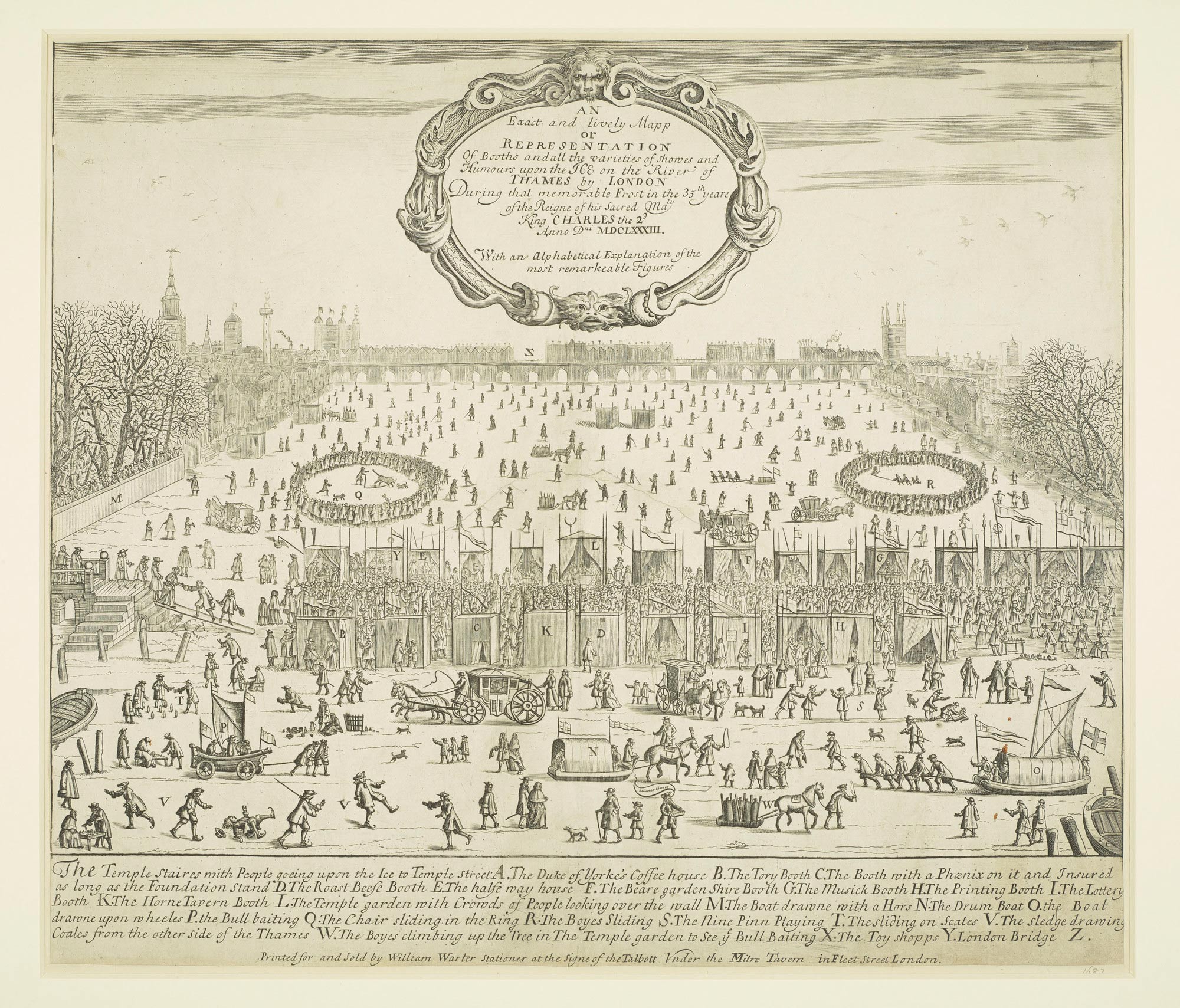 Anonimo illustratore, An exact and lively mapp or representation of booths and all the varieties of showes and Humours upon the ICE on the River of Thames by London (pubblicata da William Warter nel 1684; incisione, 366 x 422 mm; Londra, The Royal Collection Trust)
