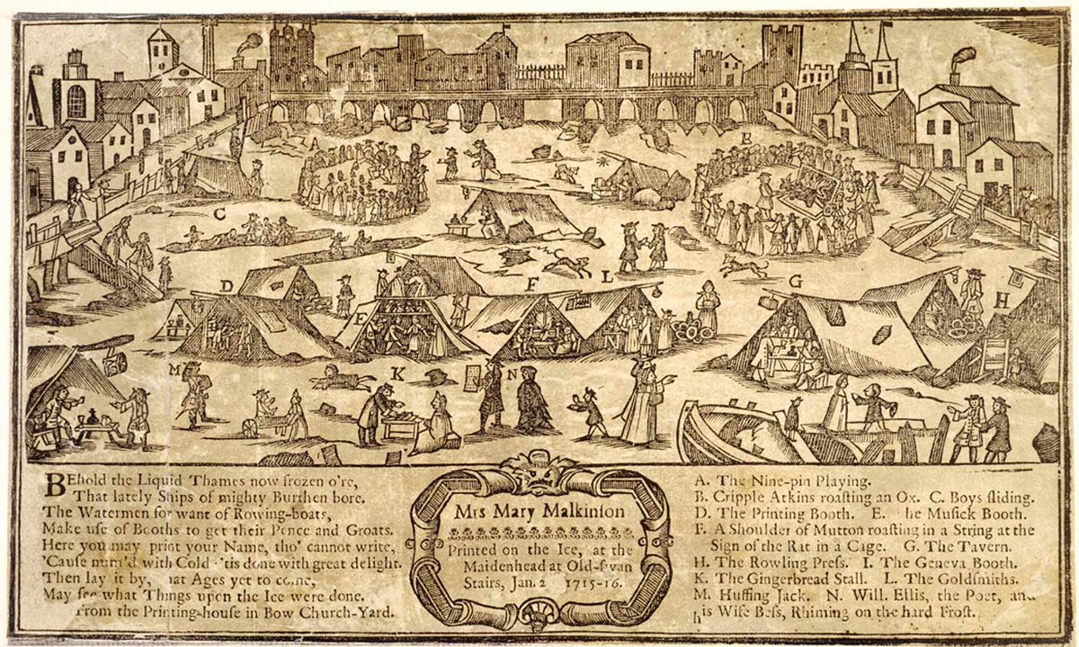 Illustratore ignoto, Frost Fair sul Tamigi (1715; incisione; Londra, Layton Trust)
