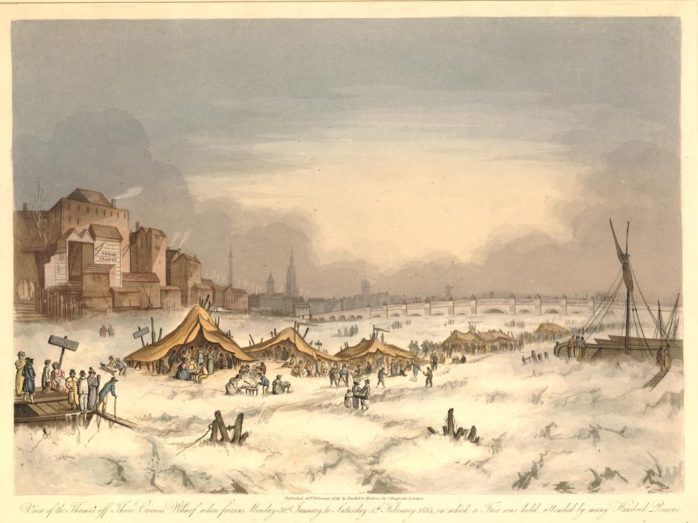 Illustratore ignoto, Frost Fair sul Tamigi (pubblicata il 18 febbraio 1814 da Burkitt & Hudson, Londra; acquatinta su carta, 371 x 493 mm; Londra, British Museum)
