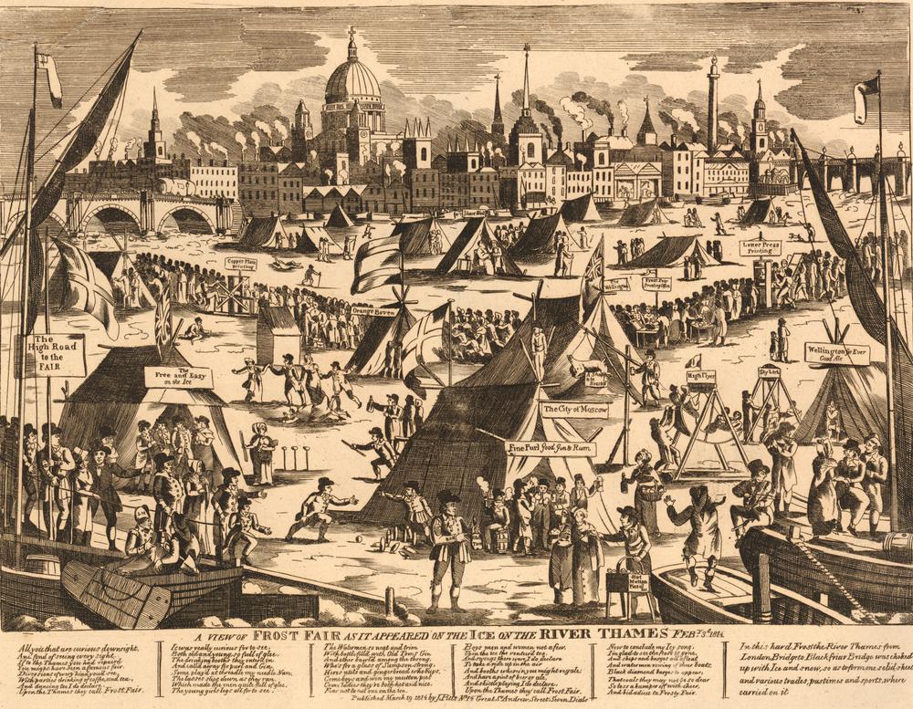 Anonimo illustratore, A view of Frost Fair (1814; xilografia, 349 x 454 mm; Londra, British Museum)
