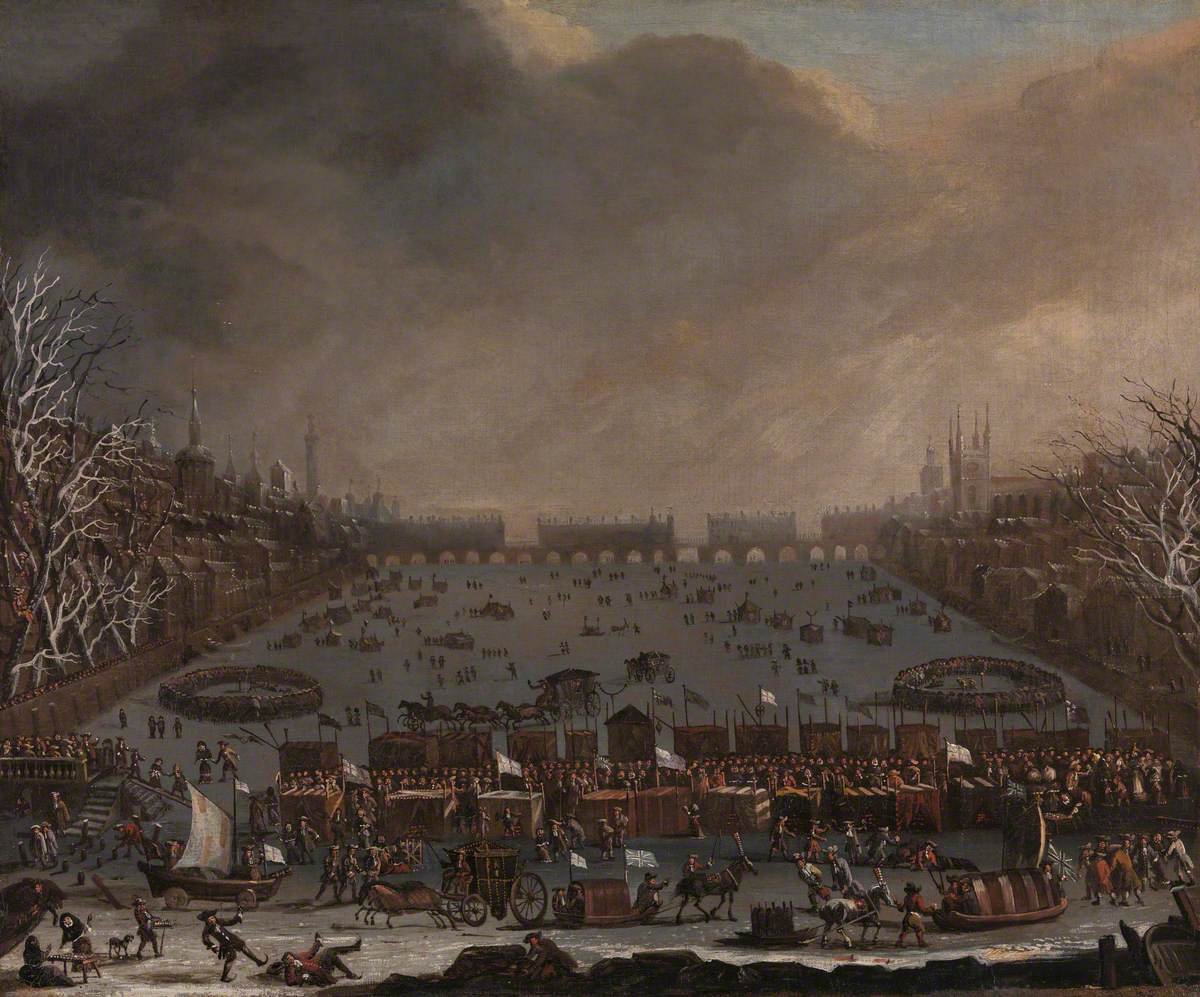 Artista ignoto, Frost Fair sul Tamigi con l'Old London Bridge sullo sfondo (1685 circa; olio su tela, 64,1 x 76,8 cm; New Haven, Yale Center for British Art)
