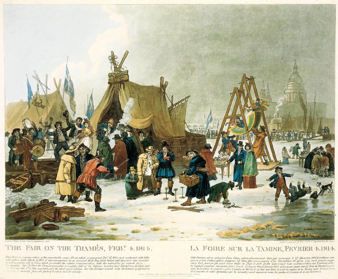 Luke Clenell, Frost Fair sul Tamigi (pubblicata l'8 febbraio 1814; acquatinta su carta, 442 x 545 mm; Londra, British Museum)
