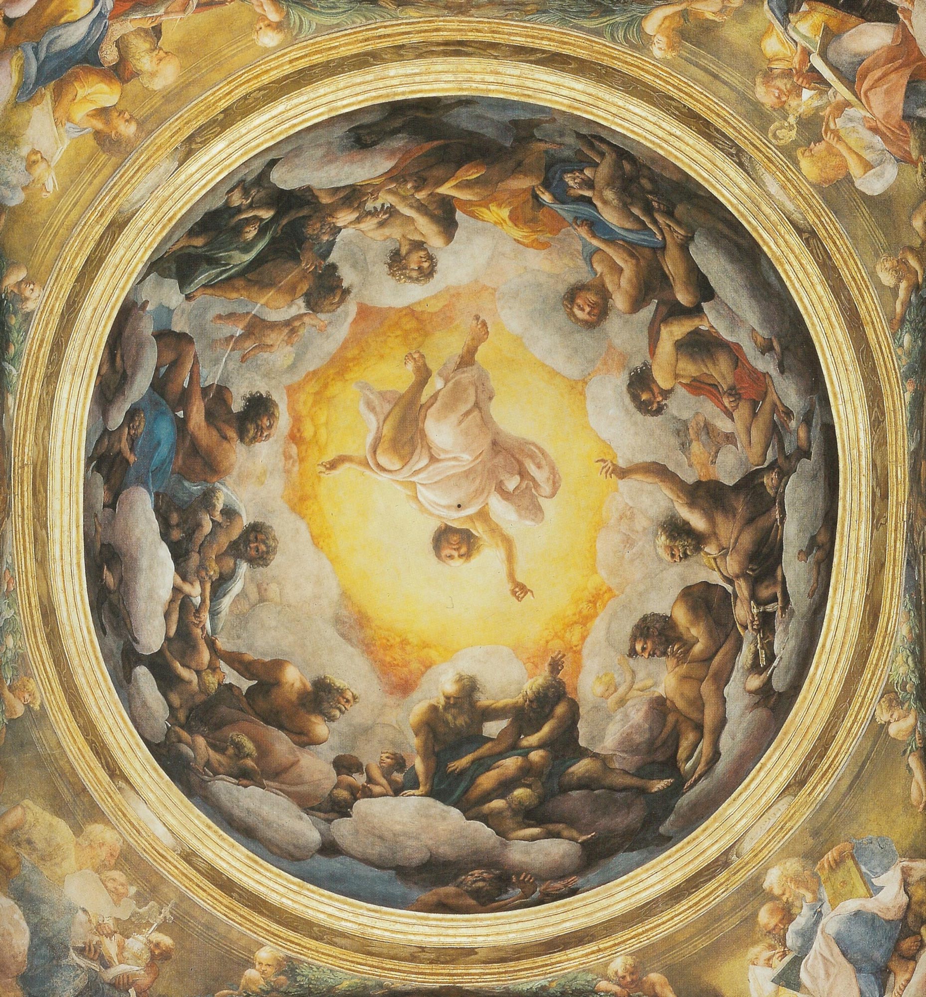 Correggio. L'affresco della cupola della Basilica di San Giovanni in Parma (1520) dove si coglie l'imponente ruolo circuitale degli Apostoli, necessariamente nudi perchÃ© gloriosi. Qui GesÃ¹ chiama San Giovanni, posto sotto le nubi.
