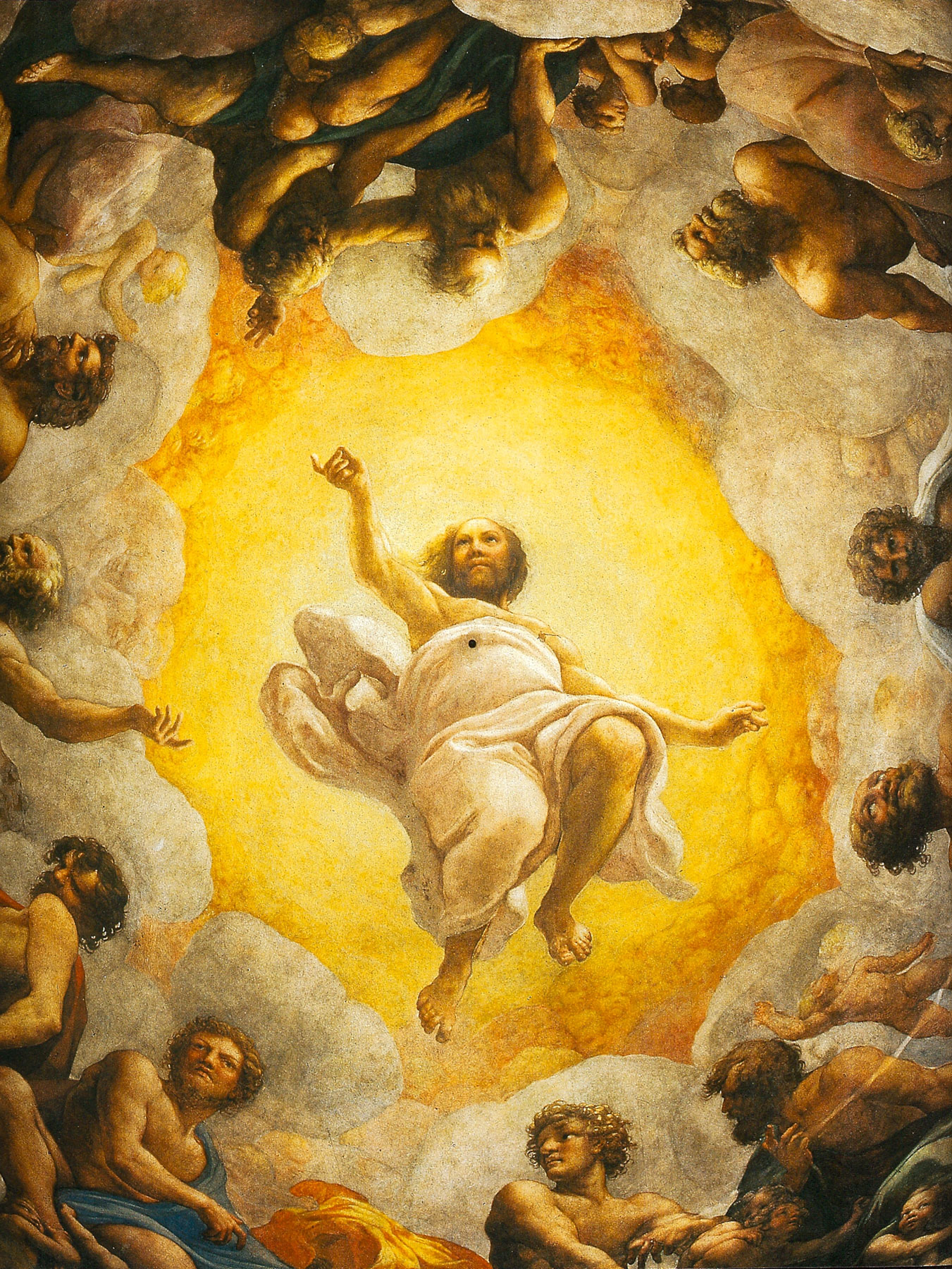 Correggio. La parte centrale della cupola della Basilica di San Giovanni. Ãˆ una visione di gloria. Qui veramente la suprema teofania bizantina del φάοϛ άσκοποϛ (lo splendore senza limiti) viene riportata alla Gerusalemme Celeste dove nessun astro, ma Dio stesso Ã¨ luce totale, universale. Come Raffaello nella Trasfigurazione ha toccato questo limite nella luce circonfusa, cosÃ¬ il Correggio lo esplode nella luce irraggiungibile della sede divina.
