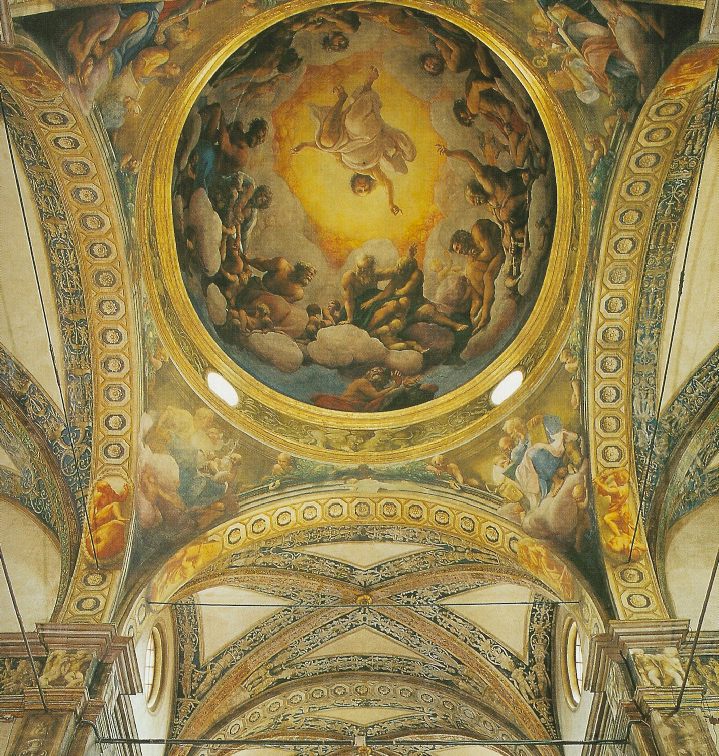 Correggio, Affresco nella cupola di San Giovanni Evangelista in Parma. Visione da est. La chiamata al cielo di San Giovanni. La tazza fu affrescata nel 1520, il tamburo ed i pennacchi nel 1521. Si noti la schiera dei nudi apostoli.
