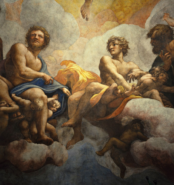 Correggio. Gli Apostoli Taddeo e Giacomo d'Alfeo, piÃ¹ a destra Tommaso. Splendido passaggio pittorico ove si coglie la suprema e partecipante serenitÃ  degli Apostoli santificati.
