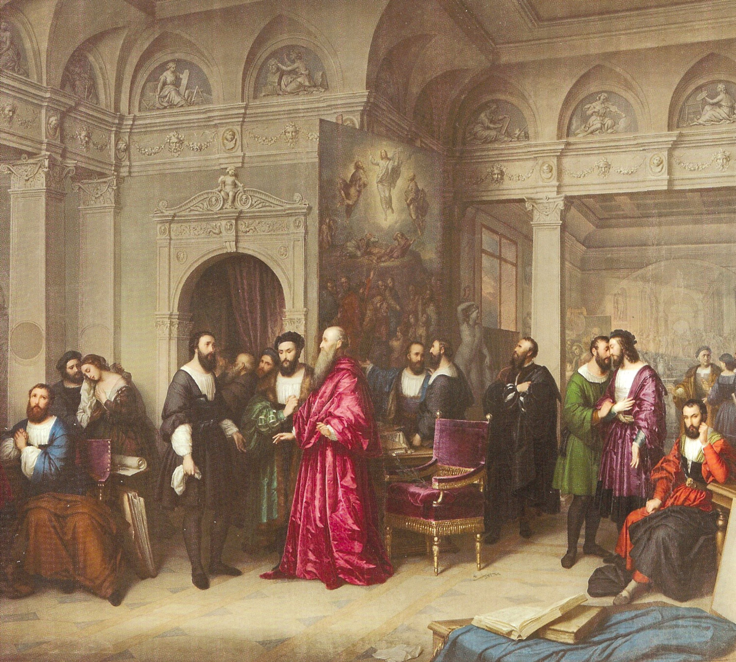 Felice Schiavoni, Desolazione nello studio di Raffaello al momento della sua morte, particolare (1859; San Pietroburgo, Tsarskoe Selo State Museum). Si scorge la tavola appena  terminata della Trasfigurazione.
