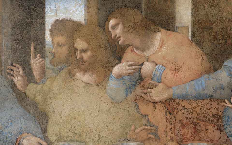 Leonardo. Il Cenacolo. Gli Apostoli Tommaso, Giacomo di Zebedeo, e Filippo. L'angoscia di quest'ultimo.
