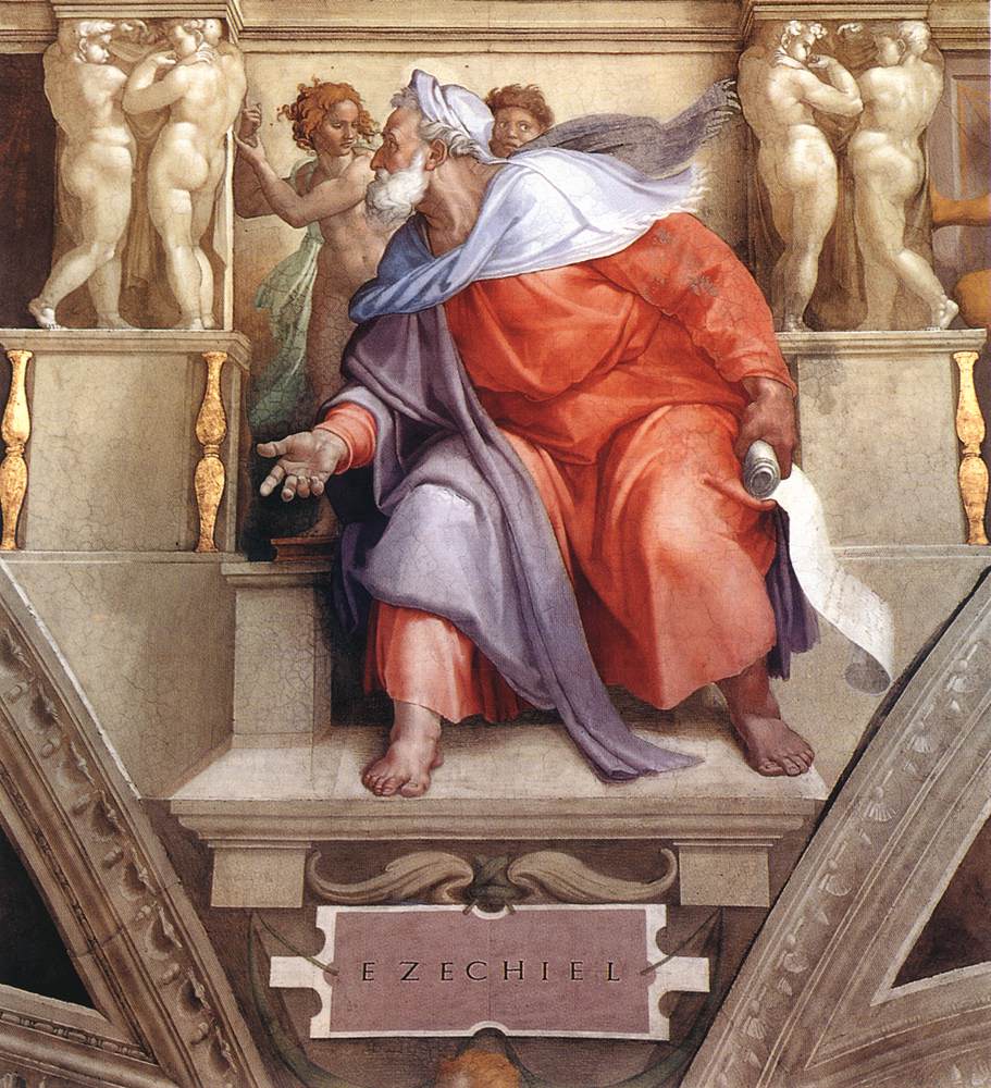 Michelangelo. Particolari affrescati dalla volta della Cappella Sistina, il profeta Ezecheile (1512). Il profeta Ezechiele e il profeta Gioele, al pari degli altri personaggi biblici, appaiono inquieti e impegnati in un certamen misterico.
