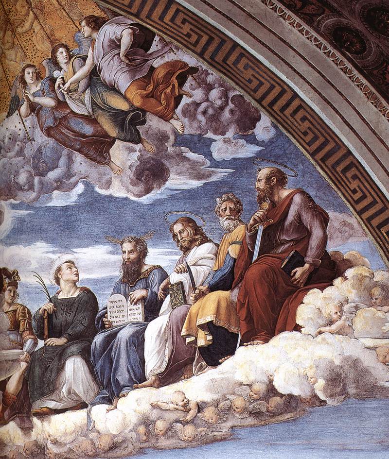 Raffaello. Particolare affrescato dalla Disputa del Santissimo Sacramento nella Stanza della Segnatura (1509). Qui i personaggi che stanno intorno a Cristo sono paludati e paghi della loro maestÃ .
