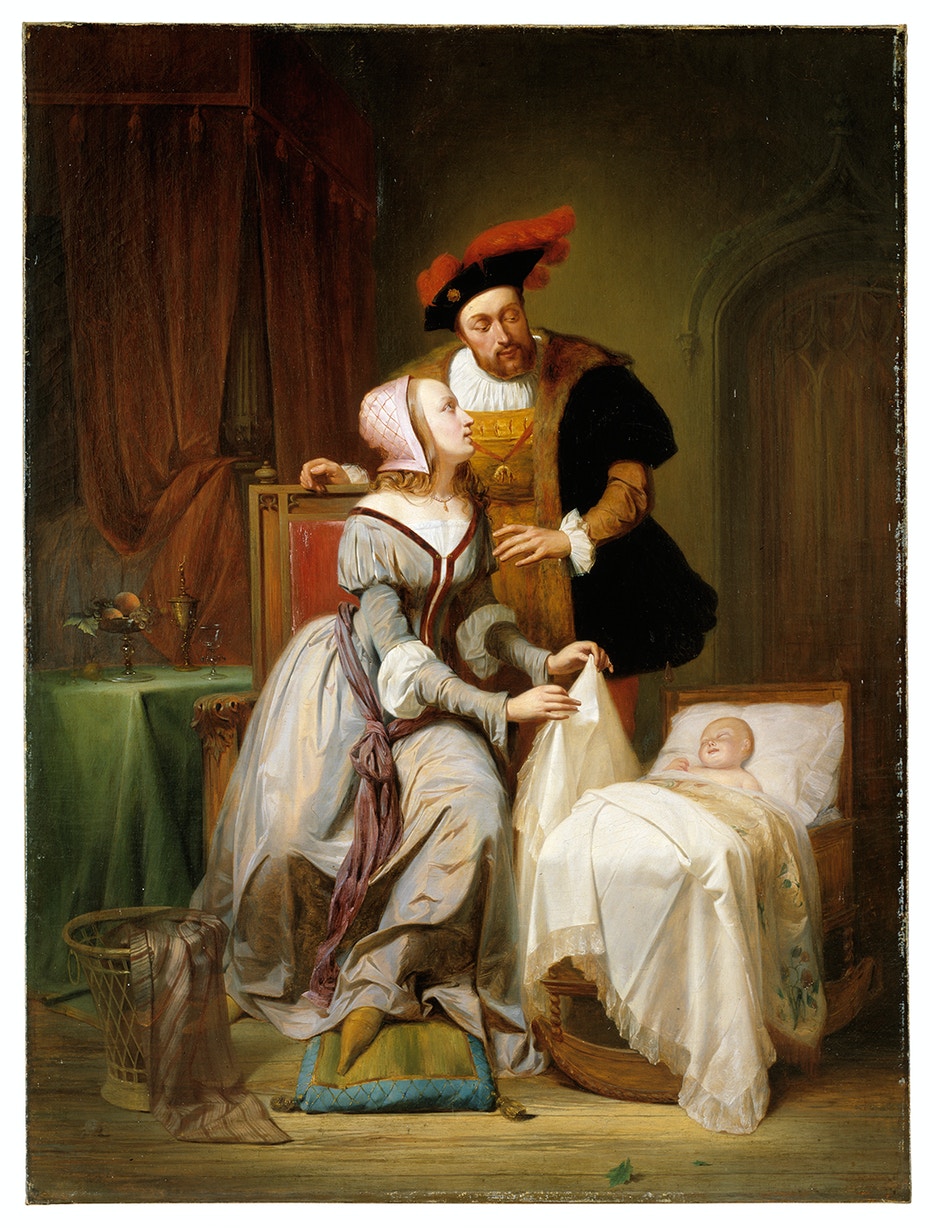 ThÃ©odore Joseph Canneel, L'imperatore Carlo V e Giovanna van der Gheynst con la loro figlia Margherita nella culla (1844; olio su tela, 108,2 x 80,5 cm; Gent, Museum voor Schone Kunsten)