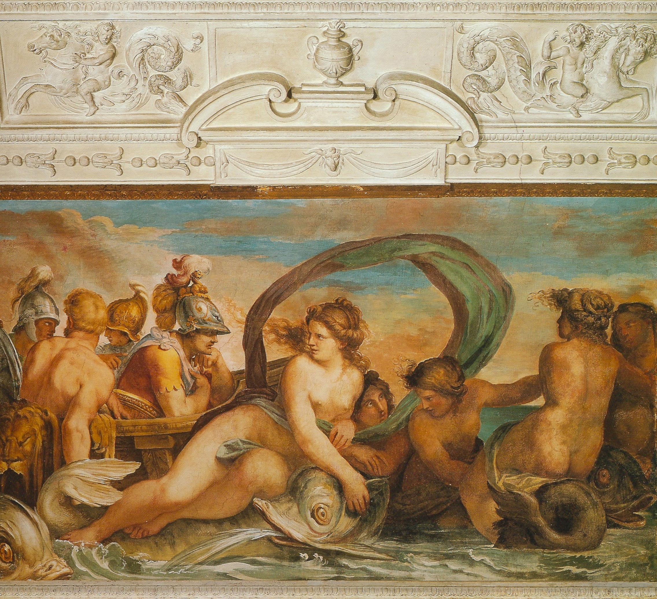 
Agostino Carracci, Peleo e Teti, affresco nella Sala d'Amore del Palazzo del Giardino, 1600-1602.
L'arrivo di Agostino segna il travolgente interesse dei Carracci al cantiere artistico di Parma e con gli affreschi nella 