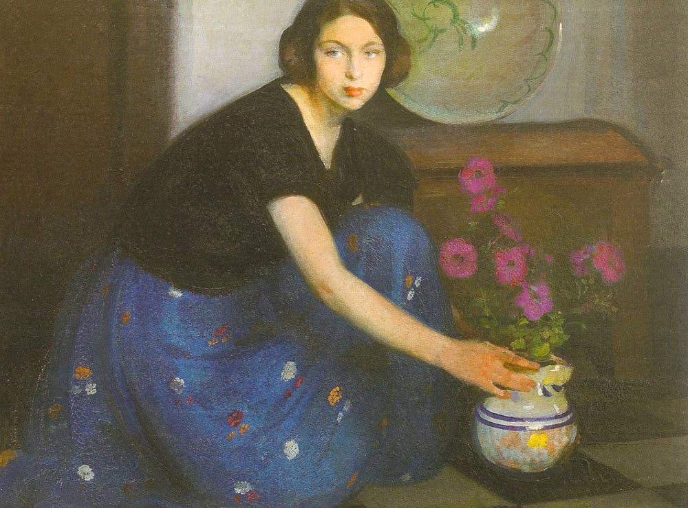 
Amedeo Bocchi. Bianca col vaso di fiori, 1925.  Fondazione Monteparma.
Nella lievitata e densa pittura di Bocchi la giovane donna sembra attendere quel riconoscimento corale di bellezza e di dolcezza che compete alla sua amata città.

