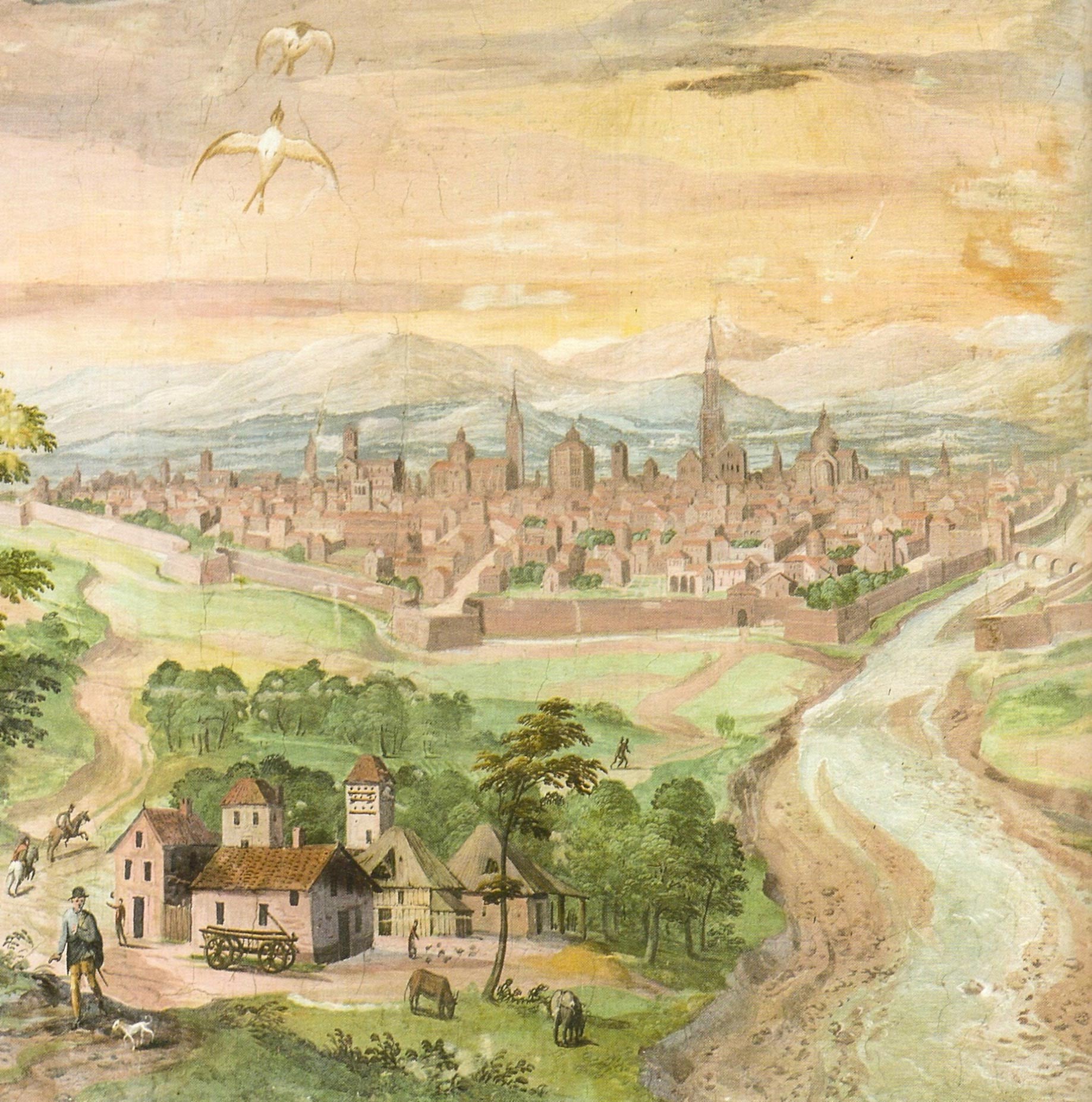 Veduta di Parma dagli affreschi della Villa farnesiana di Caprarola. La presenza dei Farnese nella città emiliana iniziò con l'episcopato di Alessandro, già discepolo di Pomponio Lieto, che qui portò un elevato spessore di cultura umanistica e religiosa. Nel suo periodo avvenne l'esaltante emergere del Correggio e l'inizio della carriera del Parmigianino. Alessandro diventò Papa Paolo III nell'autunno del 1534.
