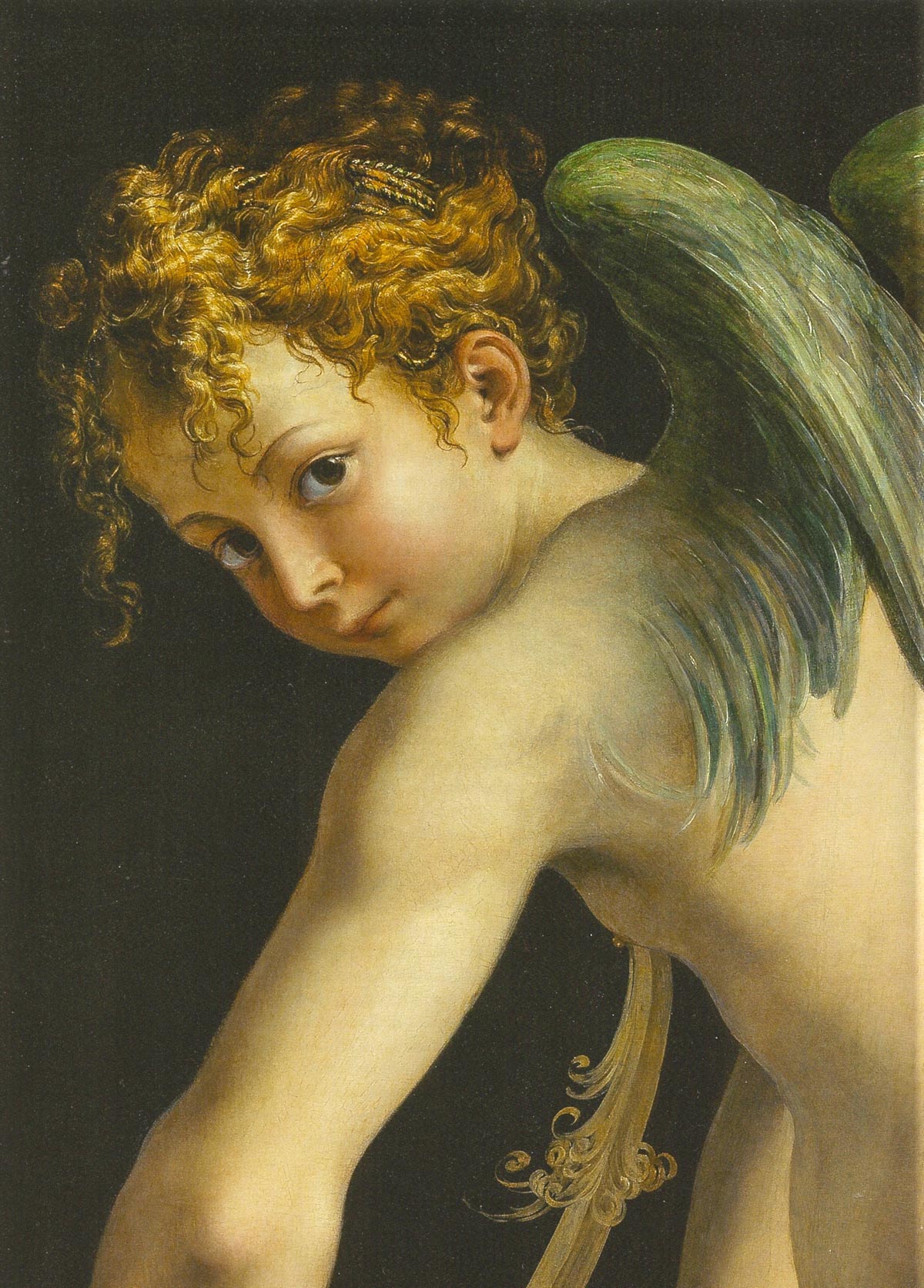 Parmigianino. Il volto del Cupido intento a forgiarsi l'arco d'amore. La splendida tavola, eseguita in Parma tra il 1533 e il 1535, si trova attualmente a Vienna. Questo particolare è rivelatore dell'ineguagliabile finezza e luminosità del pennello di Francesco, capace di condurre la pittura al limite dell'assoluto, ma contenente un mistero recondito.
