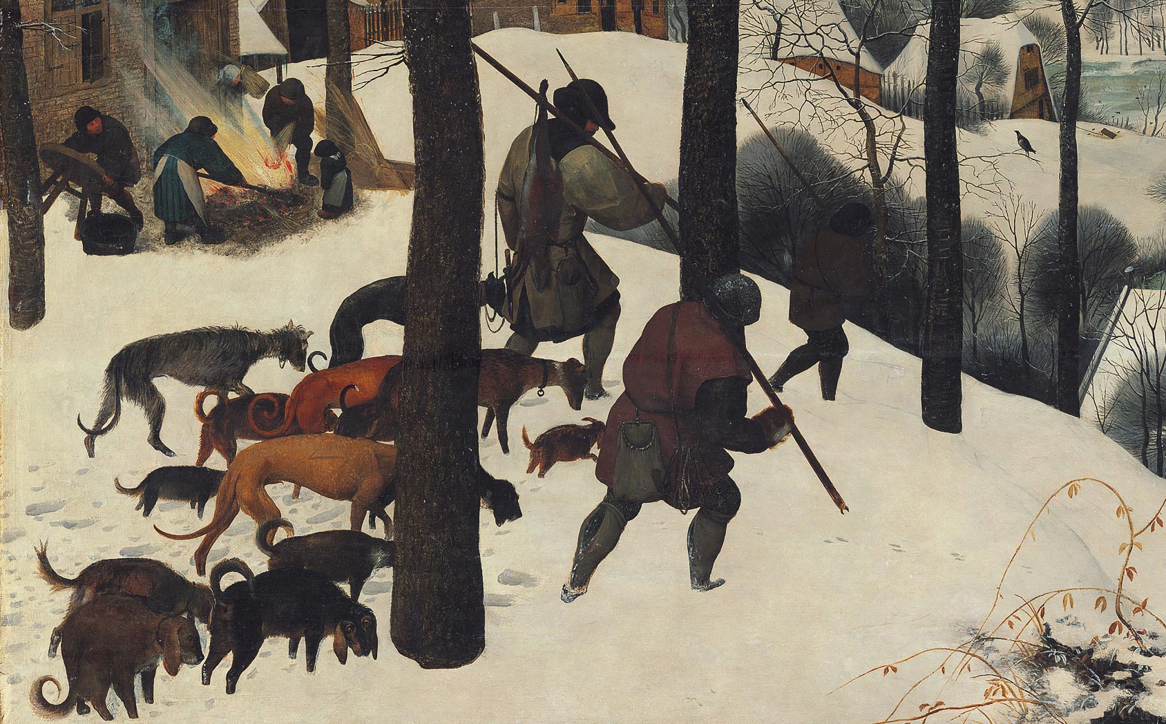 Pieter Bruegel, Cacciatori nella neve, dettaglio dei cacciatori 
