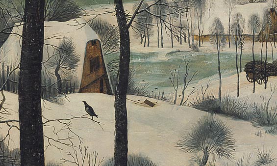 Pieter Bruegel, Cacciatori nella neve, dettaglio della trappola per uccelli
