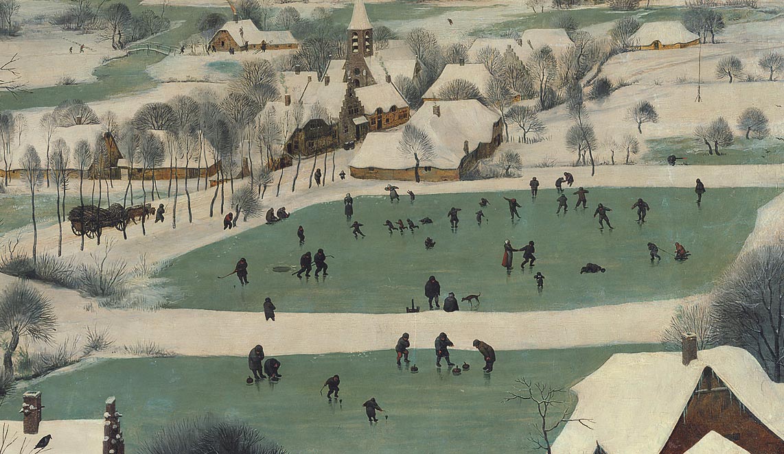 Pieter Bruegel, Cacciatori nella neve, dettaglio del villaggio e del laghetto sullo sfondo
