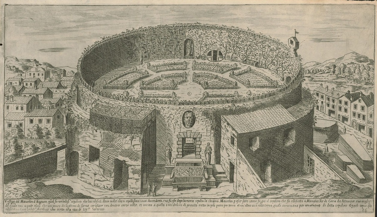 Etienne Du PÃ©rac, Vestigi del Mausoleo di Augusto, da I vestigi dellÂ’antichitÃ  di Roma raccolti et ritratti in perspettiva (1600)
