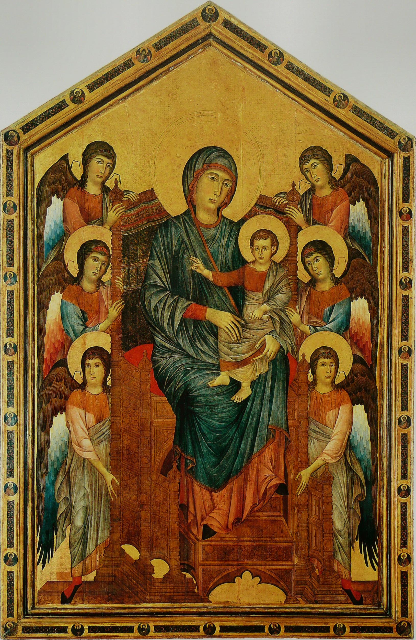 Cimabue, MaestÃ  (1280 circa; tempera su tavola e fondo oro, 424 x 276 cm; Parigi, Louvre)
