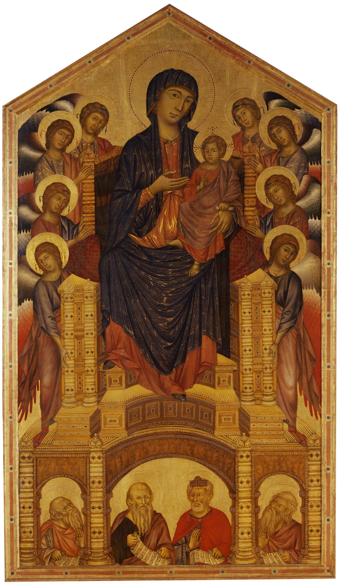 Cimabue, Virgen con el Niño entronizado y profetas (Majestad de la Santísima Trinidad) (c. 1290-1300; temple sobre tabla con fondo dorado, 384 x 223 cm; Florencia, Galería de los Uffizi)