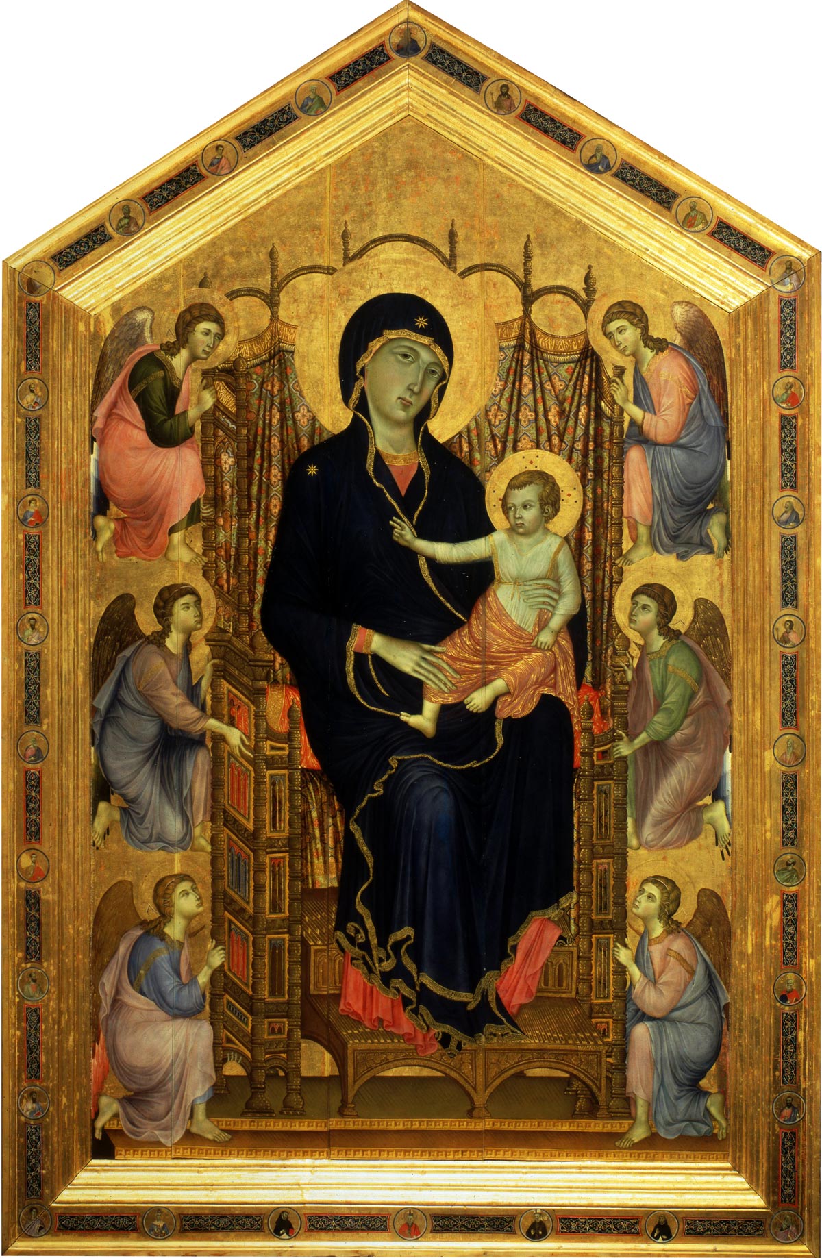 Duccio di Buoninsegna, Madonna col Bambino in trono e angeli, detta Madonna Rucellai (1285; tempera su tavola e fondo oro, 450 x 290 cm; Firenze, Galleria degli Uffizi, in deposito dalla chiesa di Santa Maria Novella a Firenze, Comune di Firenze)
