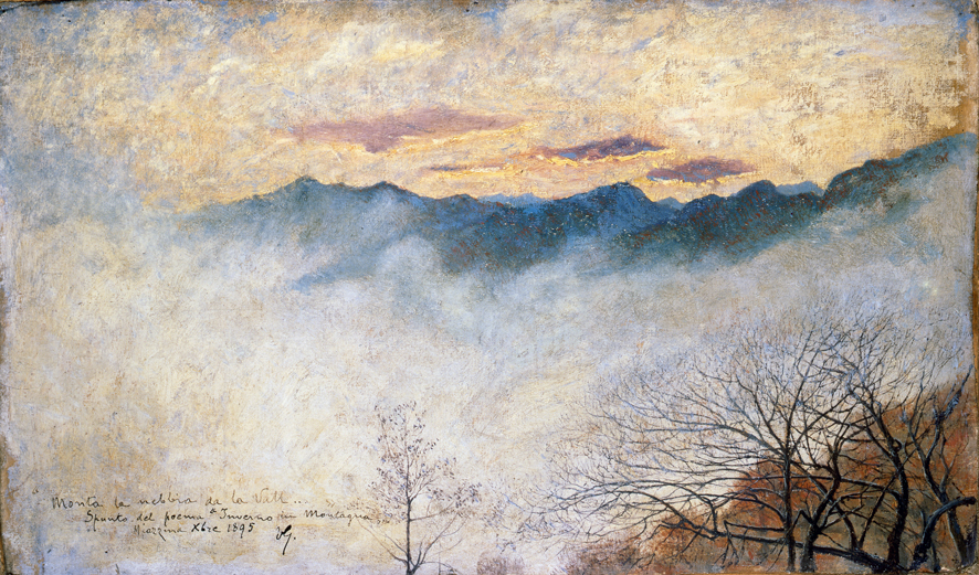 Vittore Grubicy de Dragon, Sale la nebbia dalla valle (1895; olio su cartone, 39,5 x 61,5 cm; Roma, Galleria Nazionale d'Arte Moderna e Contemporanea)
