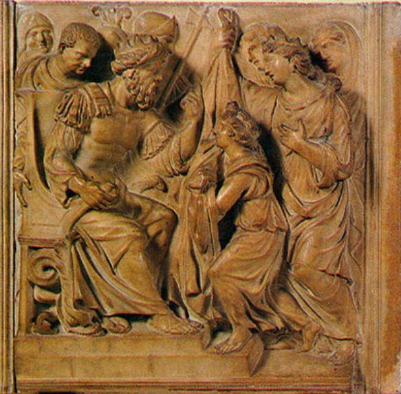Properzia de' Rossi (attr. ), La moglie di Putifarre accusa Giuseppe (1525?; marmo, 53 x 54 cm; Bologna, Museo di San Petronio)
