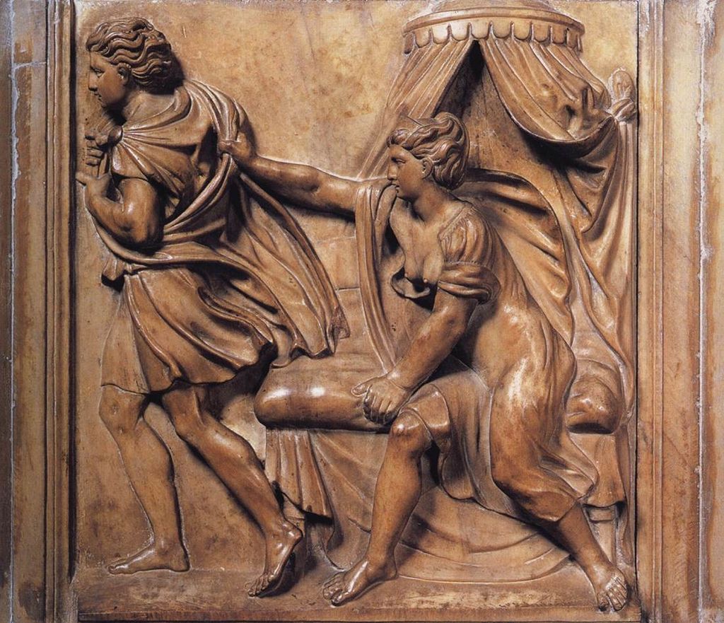 Properzia de' Rossi, Giuseppe e la moglie di Putifarre (1525?; marmo, 53,5 x 54 cm; Bologna, Museo di San Petronio)
