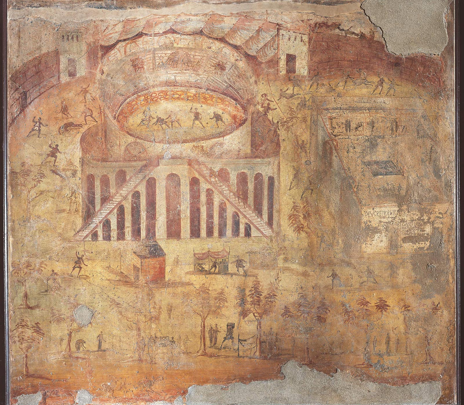 Affresco con scena di rissa fra pompeiani e nocerini nell’anfiteatro di Pompei (59-79 d.C.; da Pompei, Casa della Rissa nell’Anfiteatro, peristilio; Napoli, Museo Archeologico Nazionale)

