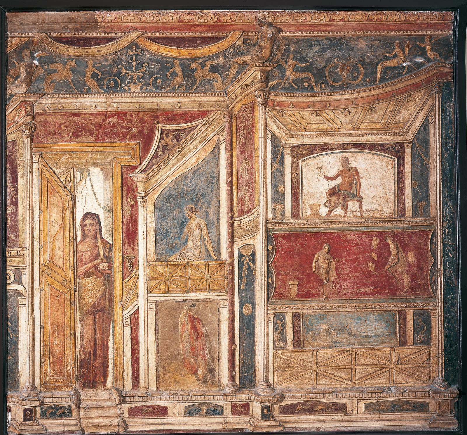 Parete in stucco policromo (62-79 d.C.; da Pompei, Casa di Meleagro, tablino 8, parete est; Napoli, Museo Archeologico Nazionale, inv. 9595)