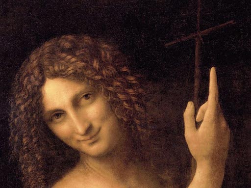 Leonardo, San Giovannino, particolare del volto (olio su tavola di noce, 69 x 57 cm; Parigi, Louvre)
