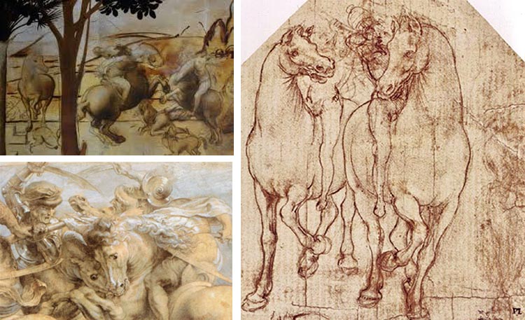 11.Leonardo, Adorazione dei Magi, particolare; 12. Leonardo, Cavallo e cavaliere (lo stesso soggetto in due visioni diverse). Cambridge, Fitwilliam Museum; 13. Rubens, Copia dal cartone della Battaglia dÂ’Anghiari, particolare (Parigi, Louvre)
