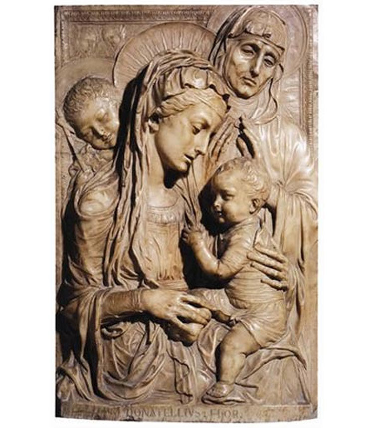 Alceo Dossena, Madonna col Bambino, sant'Anna, san Giovannino e due cherubini (1926-1927; marmo, 105 x 67 x 15 cm; Milano, Collezione privata)
