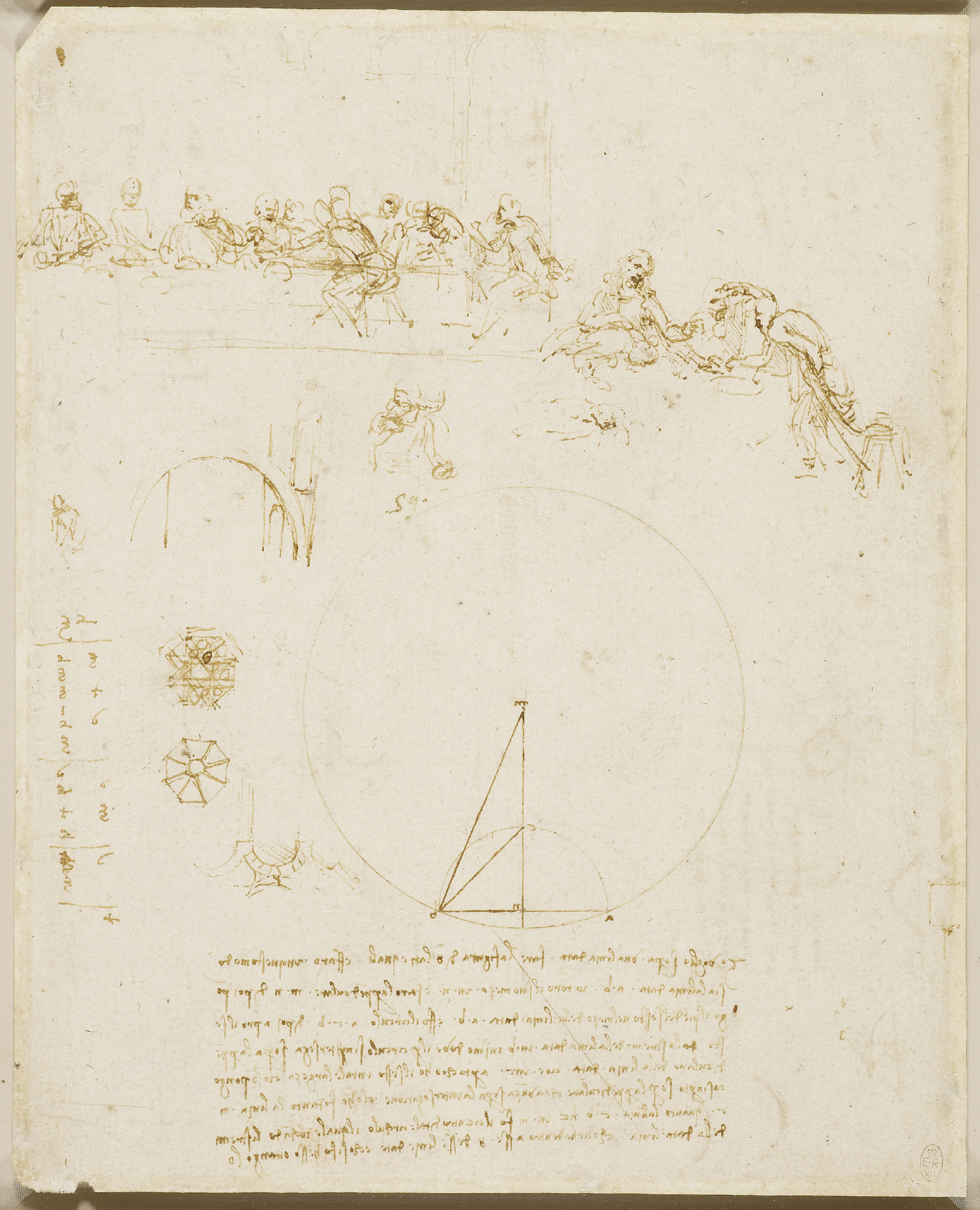 Leonardo da Vinci, Studio per l'Ultima Cena e appunti architettonici e geometrici (1490-1494 circa; penna e inchiostro, 260 x 210 mm; Windsor, The Royal Collection, inv. 912542)
