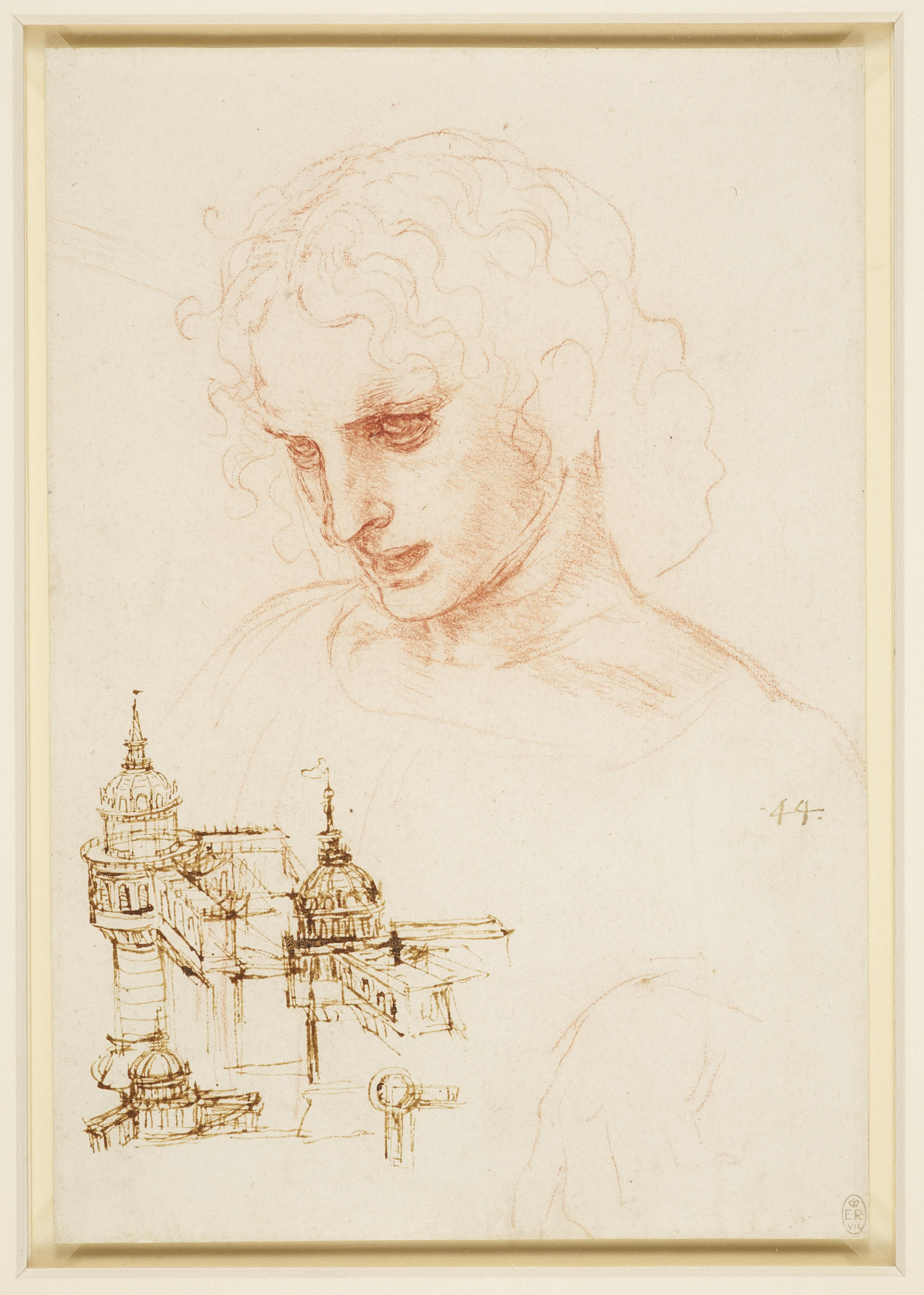 Leonardo da Vinci, La testa di san Giacomo e studi architettonici (1495 circa; gessetto rosso, penna e inchiostro, 252 x 172 mm; Windsor, Royal Collection, inv. 912552)

